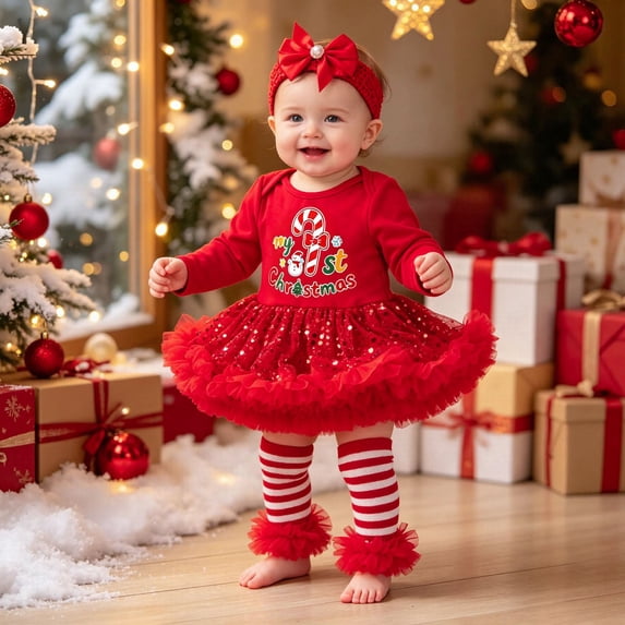 RMGVDSD Baby Girls First Christmas Outfit Romper Tutu Dress Sequin Xmas Skirt with Headband Leg Warmer 3Pcs Xmas Clothes