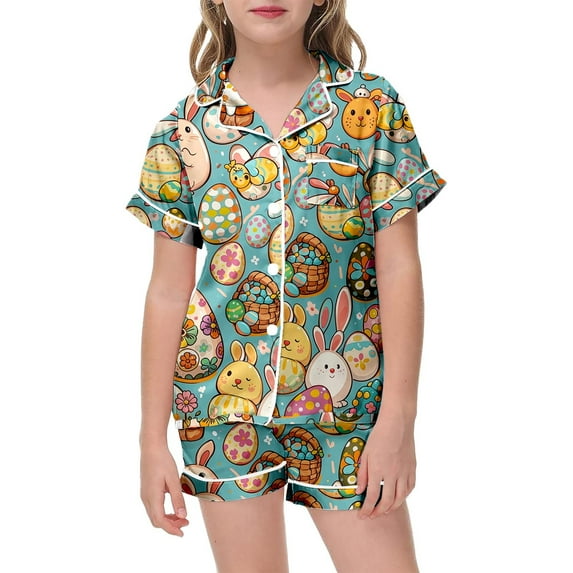 RMGVDSD Baby Girls Summer Pajamas Children's Fashion Easter Print Button Down Sleepwear Short Sleeved Shirt Shorts Homewear Set Pajama Sleepwear Nightwear
