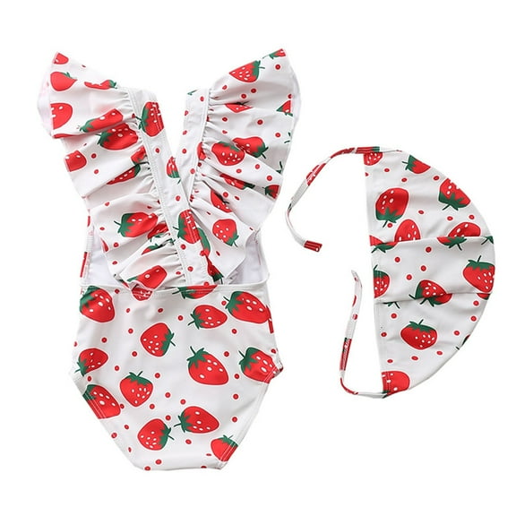 RMGVDSD Baby Girls Swimsuits Toddler Bathing Suit Cute Print One Piece Swimwear Ruffle Swimsuit With Cap 2 Piece Set Summer Outfit Fashion Swimsuits Beachwear