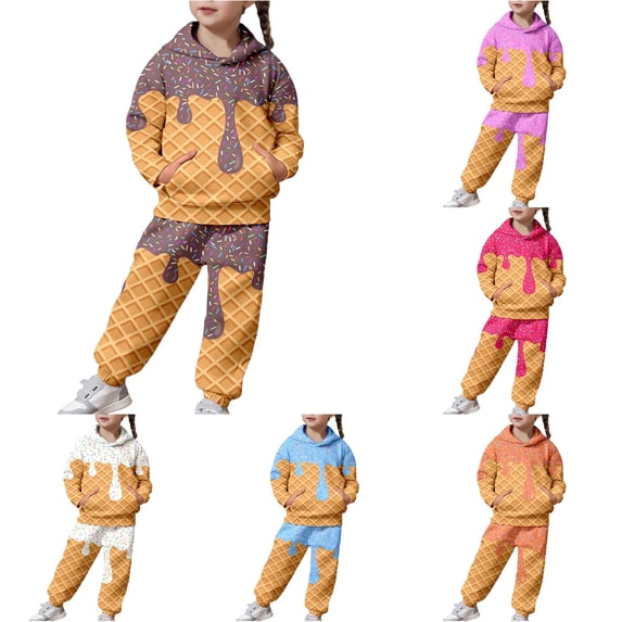 RMGVDSD Back To School Girls Sweatsuits Ice Cream Print Hoodie Set Long Sleeve Sweatshirt and Sweatpants 2 Piece Kids Fall Clothing Sets 6-7 Years