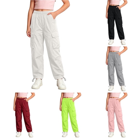 RMGVDSD Back to School Pants for Girls Cargo Pants Elastic Waist Straight Leg Casual Trousers Trendy School Bottoms Outdoor Daily Wear 13-14 Years