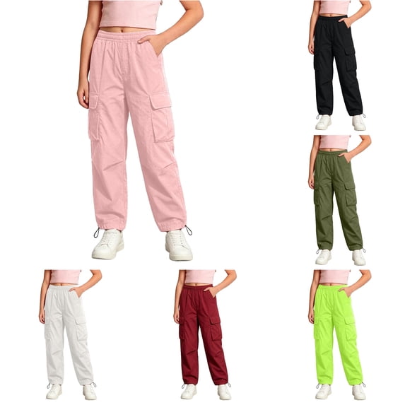 RMGVDSD Back to School Pants for Girls Cargo Pants Elastic Waist Straight Leg Casual Trousers Trendy School Bottoms Outdoor Daily Wear 15-16 Years