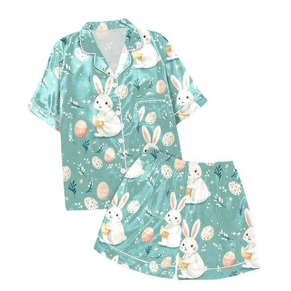 RMGVDSD Big Girls Pajamas Set Cute Girls' Easter Print Short Sleeve Shorts Two Piece Pajama Set Soft Sleepwear Satin Sleepwear Nightgown