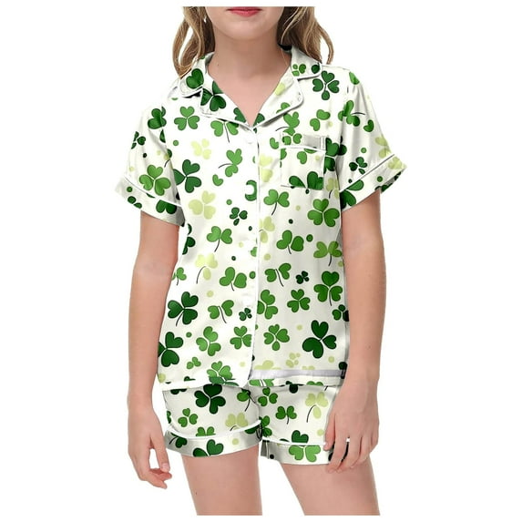 RMGVDSD Big Girls Pajamas Set Cute Two Piece Pajama Set St. Patrick's Day Print Short Sleeved Shorts For Children Soft Sleepwear Nightwear Sleepwear Outfit