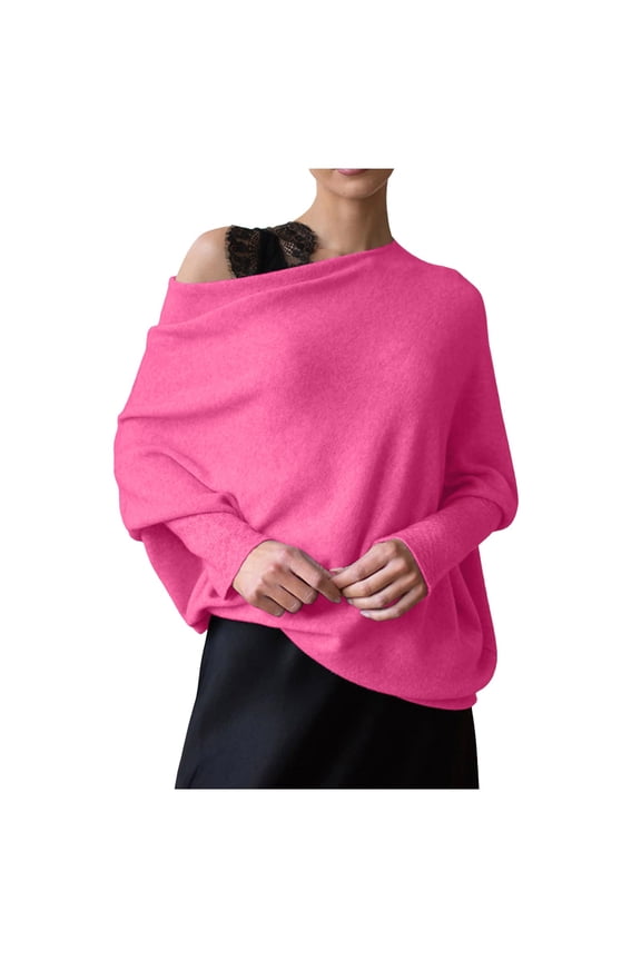 Boat Neck Sweaters For Women Spring Long Sleeve Soft Knit Loose Baggy Pullover Top Solid Color Comfort Pullover Sweater Tops /Hot Pink