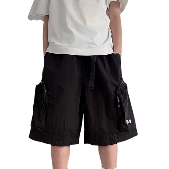 RMGVDSD Boy's Cargo Joggers Shorts Boy's Summer Casual Pants With Drawstring Waistband Zipper Pocket Cargo Pants And Shorts 14-15 Years/Black