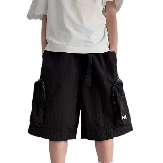 RMGVDSD Boy's Cargo Joggers Shorts Boy's Summer Casual Pants With Drawstring Waistband Zipper Pocket Cargo Pants And Shorts 14-15 Years/Black