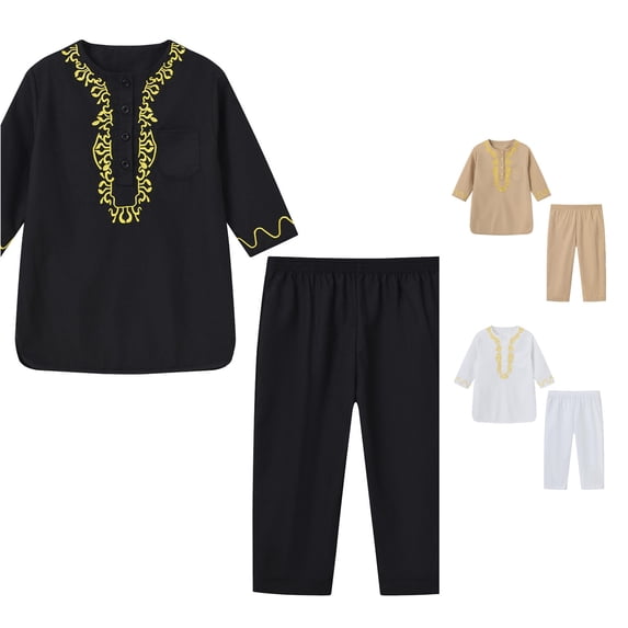 RMGVDSD Boys 2 Piece Ethnic Style Thobe Outfits Set Embroidery Long Sleeve Tunic Tops And Elastic Waist Pants Robe Suit Kids Festival Clothes 10-11 Years