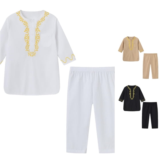 RMGVDSD Boys 2 Piece Ethnic Style Thobe Outfits Set Embroidery Long Sleeve Tunic Tops And Elastic Waist Pants Robe Suit Kids Festival Clothes 8-9 Years