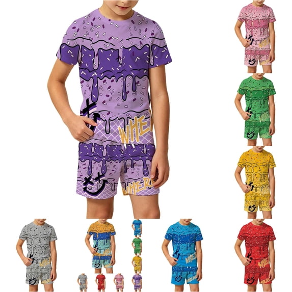 RMGVDSD Boys 2 Piece Ice Cream Baseball Shorts Sets Short Sleeve Tee Tops and Shorts Back To School Outfit for Kids Summer Clothes Kids Boy Clothes