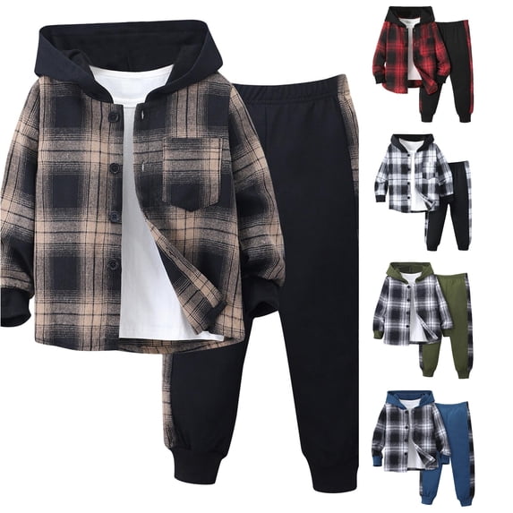 RMGVDSD Boys 2 Piece Outfit Sweatsuit Set Button Down Hoodie Plaid Sweatshirt Tops And Jogger Pants Sets Toddler Little Boys Fall Outfits 2-3 Years