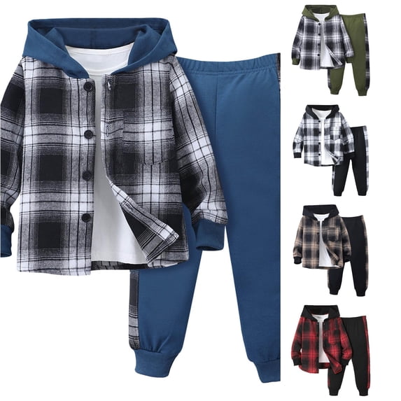 RMGVDSD Boys 2 Piece Outfit Sweatsuit Set Button Down Hoodie Plaid Sweatshirt Tops And Jogger Pants Sets Toddler Little Boys Fall Outfits 3-4 Years