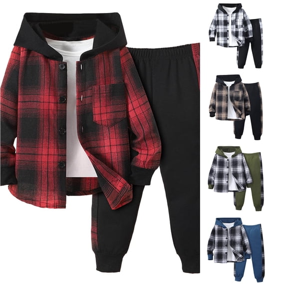 RMGVDSD Boys 2 Piece Outfit Sweatsuit Set Button Down Hoodie Plaid Sweatshirt Tops And Jogger Pants Sets Toddler Little Boys Fall Outfits 6-7 Years