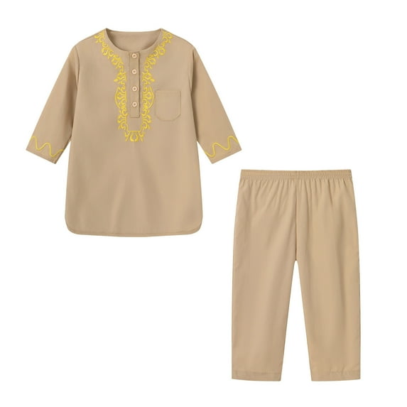 RMGVDSD Boys 2 Piece Outfits Long Sleeve Pants Suit Ethnic Style Embroidered Shirts Tops And Pants Set Arab Children'S Clothes Casual Wear Comfortable Outfits