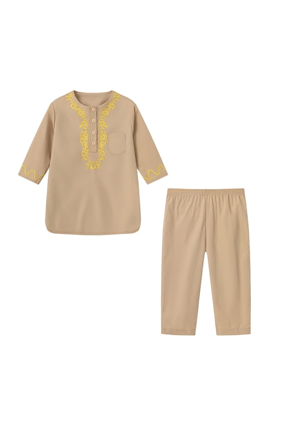 Boys 2 Piece Outfits Long Sleeve Pants Suit Ethnic Style Embroidered Shirts Tops And Pants Set Arab Children'S Clothes Casual Wear Fashion Boys Clothes