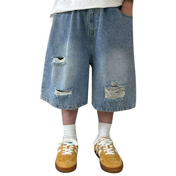 RMGVDSD Boys Baggy Jean Shorts Fashion Jorts Elastic Waist Ripped Denim Shorts Casual Loose Fit Vintage Streetwear for 2-3 Years