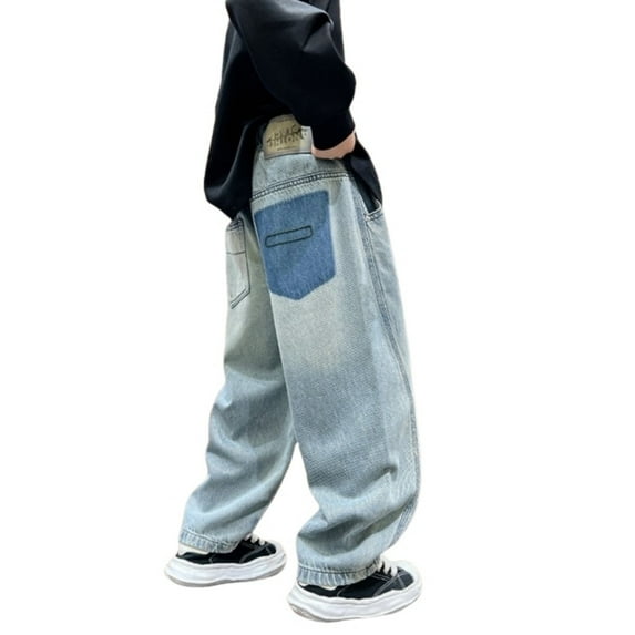 RMGVDSD Boys Baggy Jeans Wide Leg Jeans Fashion Straight Cargo Jeans Trousers Elastic Waist Trousers With Pockets Children Regular Fit Jeans 13-14 Years