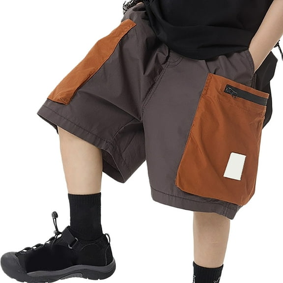 RMGVDSD Boys Cargo Denim Shorts Boy's Short Pants Summer Children's Stylish Cargo Shorts For Teen Boys Color Block Pockets Knee Length Shorts 3-4 Years/Orange