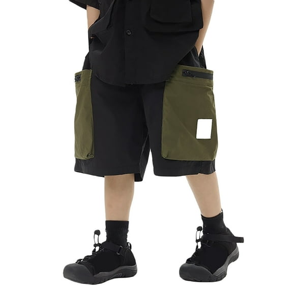 RMGVDSD Boys Cargo Denim Shorts Boy's Short Pants Summer Children's Stylish Cargo Shorts For Teen Boys Color Block Pockets Knee Length Shorts 5-6 Years/Army Green