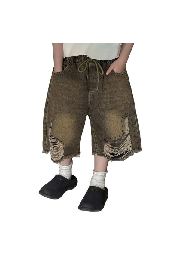 Boys Casual Denim Shorts Boy's Distressed Trendy Loose Straight Leg Jean Shorts Retro Summer Casual Denim Shorts With Pocket 7-8 Years/Brown