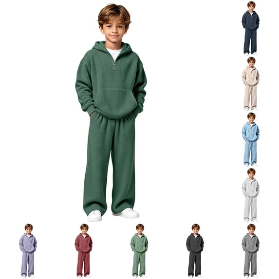 RMGVDSD Boys Clothes 2 Piece Fashion Fall Outfits Quarter Zip Hoodie Sweatshirts Wide Leg Sweatpants Solid Color Sweatsuit Sets With Pockets 12-13 Years