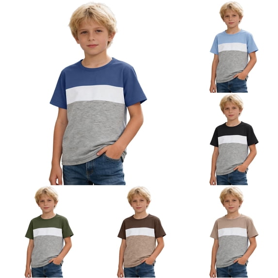 RMGVDSD Boys Color Block Short Sleeve Tee Shirts Kids Casual Crew Neck T Shirts Comfortable Basic Tshirt Children's Tops 6-7 Years