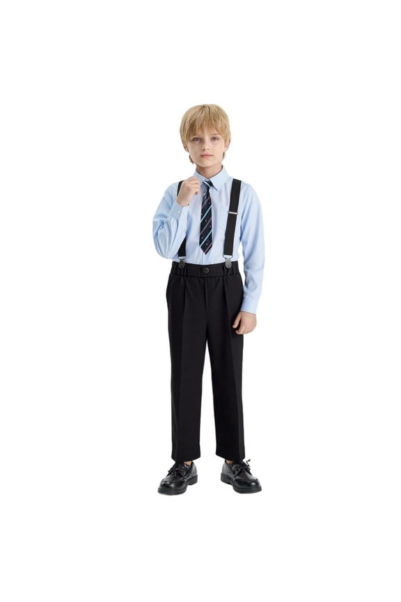 Boys' Formal Suit Set Boys Long Sleeve Dress Shirt And Suspender Pants Outfit Set Kids School Formal Wear Children Performance Suit Fashionable Cute 3-4 Years