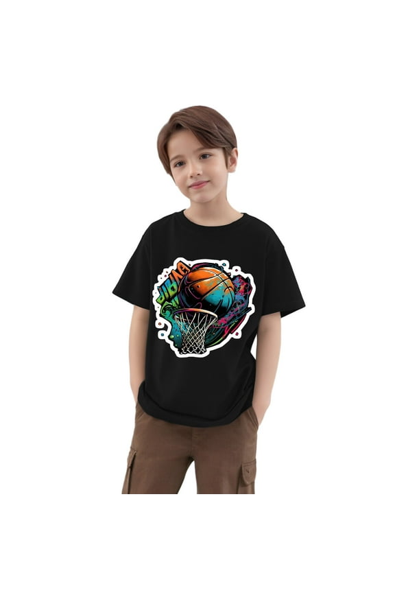 Boys Short Sleeved T Shirt Soft Graphic Tees Toddler Kids Round Neck Basketball Football Cartoon Print T-Shirts Kids Beach Summer Tops for 7-8 Years