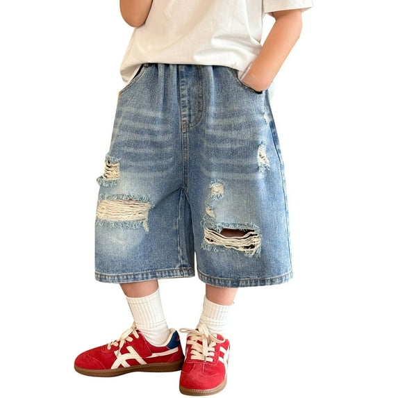 RMGVDSD Boys Stretch Denim Shorts Trendy Baggy Jorts Loose Wide Leg Ripped Jean Shorts Boys' Casual Ripped Denim Shorts 6-8 Years/Blue