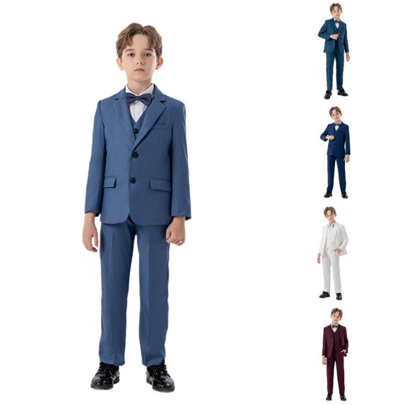 RMGVDSD Boys Suits 4 Piece Outfit Formal Slim Fit Tuxedo Set for Kids Suit Coat with Vest Pants Bowtie Set Holiday Birthday Party Wear Fashion Clothes