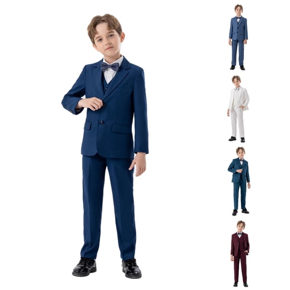 RMGVDSD Boys Suits 4 Piece Outfit Formal Slim Fit Tuxedo Set for Kids Suit Coat with Vest Pants Bowtie Set Holiday Birthday Party Wear Relaxed Daily Wear