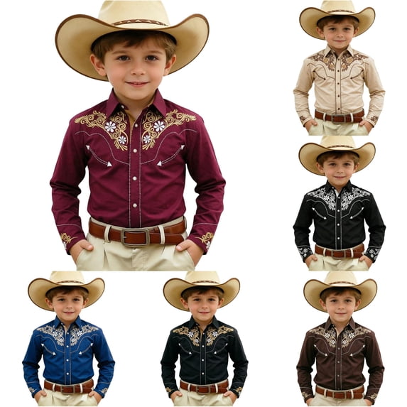 RMGVDSD Boys Western Cowboy Shirt With Print Long Sleeve Button Down Shirts For Kids Retro Casual Regular Fit Shirts Tops 6-7 Years