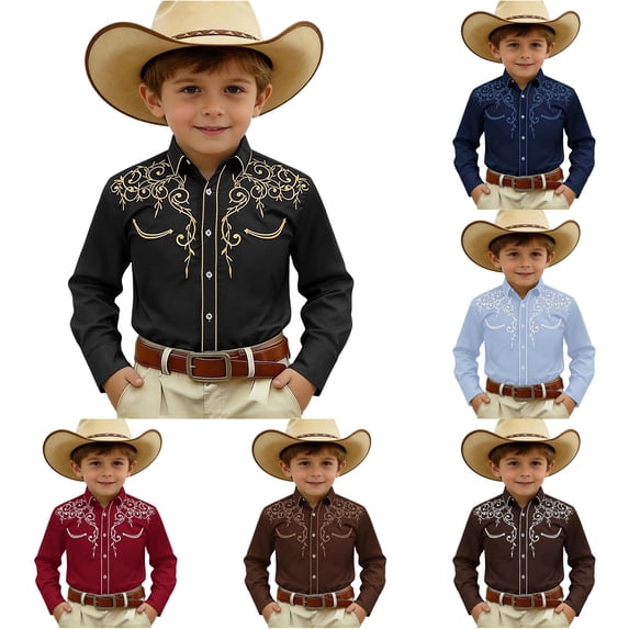 RMGVDSD Boys Western Shirt Retro Printed Long Sleeve Button Down Shirts Kids Cowboy Tops Festival Party Casual Wear 10-11 Years