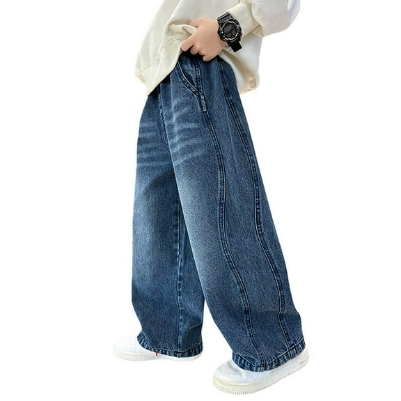 RMGVDSD Boys Wide Leg Jeans Casual Straight Baggy Denim Pants Loose Elastic Waist Denim Trousers For Kids Regular Fit Jeans 4-5 Years/Blue