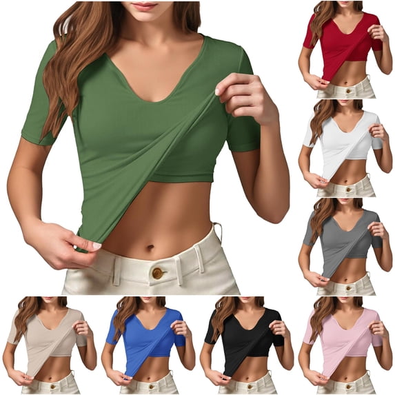 RMGVDSD Built In Bra Tops for Women V Neck Short Sleeve T-Shirts Stretch Slim Fit Basic Tee Shirt Solid Color Workout Casual T Shirts