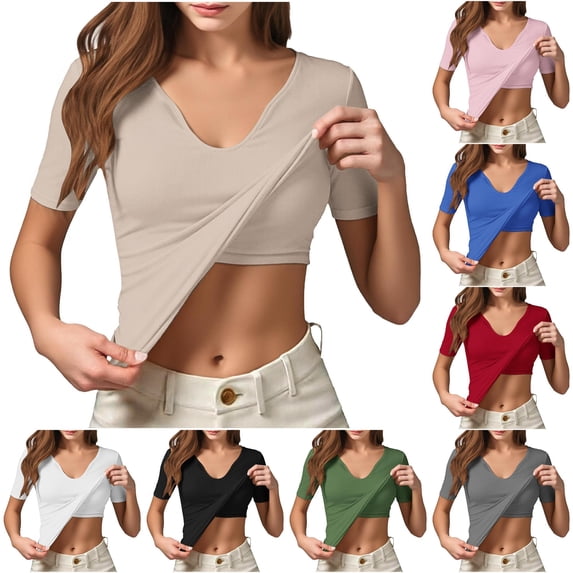 RMGVDSD Built In Bra Tops for Women V Neck Short Sleeve T-Shirts Stretch Slim Fit Basic Tee Shirt Solid Color Workout Casual T Shirts