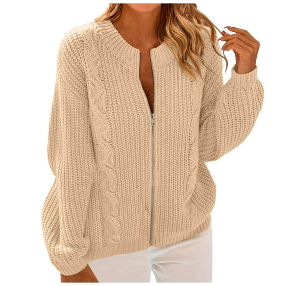 RMGVDSD Cardigan Sweaters For Women Knit Open Front Sweater Long Sleeve Zipper Loose Short Cardigan Outerwear Coats Solid Color Fall Classic Soft Sweaters /Beige