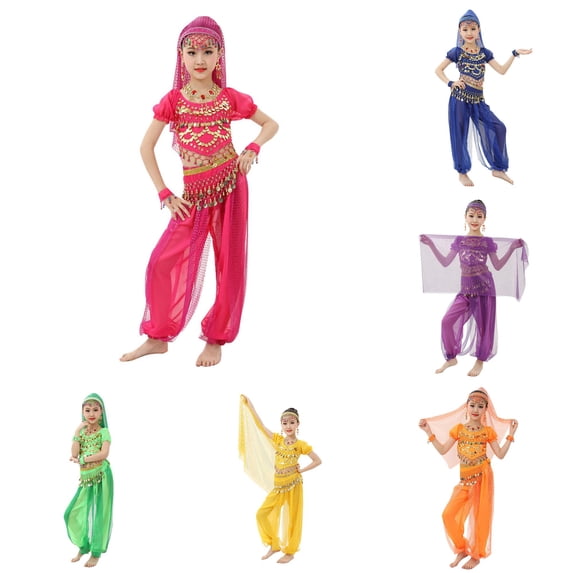 RMGVDSD Children's Sequin Mesh Belly Dance Clothes Short Sleeve Crop Top and Pants Set Girls Belly Dance Active Wear Halloween Party Outfit 3-4 Years