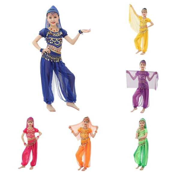 RMGVDSD Children's Sequin Mesh Belly Dance Clothes Short Sleeve Crop Top and Pants Set Girls Belly Dance Active Wear Halloween Party Outfit 5-6 Years