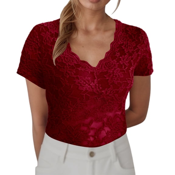 RMGVDSD Comfort Womens Tops Women's Short Sleeve Lace V Neck Shirts Solid Color Slim Fit Basic Tops Stylish Summer Blouses Comfortable Basic Tees