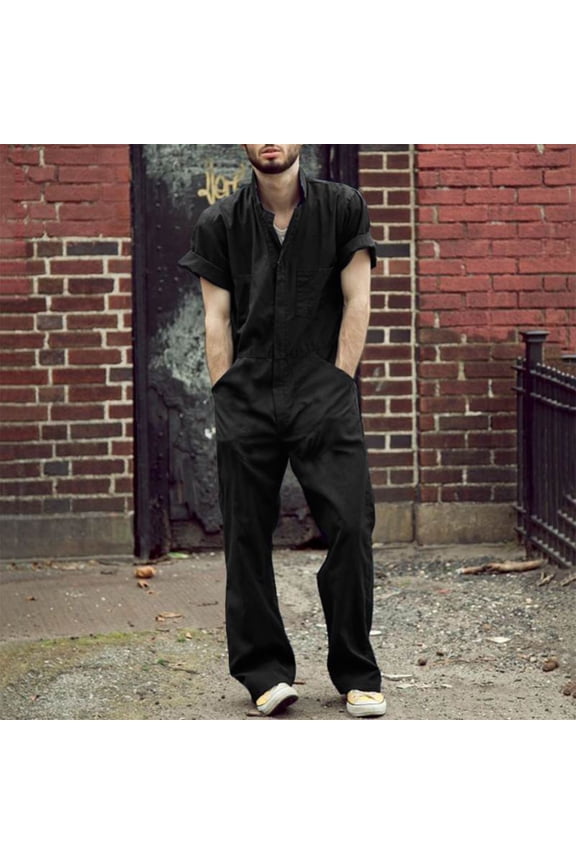 Coveralls for Men Short Sleeve Regular Fit Jumpsuit Lightweight Solid Color Work Wear Jumpsuit With Pockets Casual Overall Uniform,Black