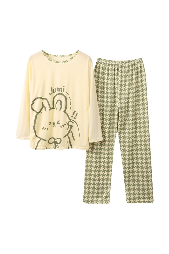 Cozy Women's Pajama Sets Cartoon Easter Bunny Print Long Sleeve Top And Plaid Pants Casual Loungewear Comfortable Sleepwear Set Fashion Sleepwear Outfit