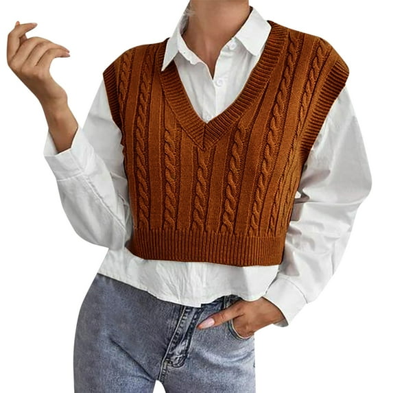 RMGVDSD Crop Sweater Vest Women's V-Neck Sweater Tank Tops Pullover Cable Knit Vest Solid Color Sleeveless Sweaters Top Comfort Pullover Sweater Tops /Brown