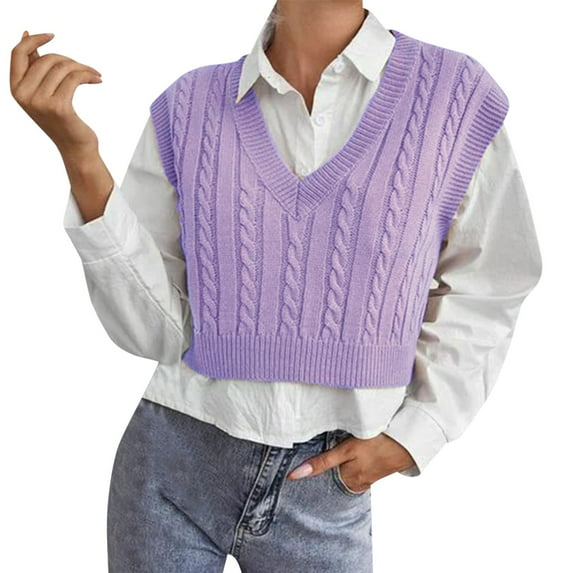 RMGVDSD Crop Sweater Vest Women's V-Neck Sweater Tank Tops Pullover Cable Knit Vest Solid Color Sleeveless Sweaters Top Knit Fashion Sweater Coats /Purple
