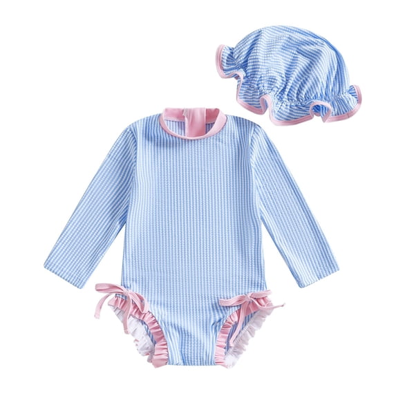 RMGVDSD Cute Baby Girls Swimsuit One Piece Striped Swimwear Toddler Girls Bathing Suit Rash Guard Swimming Sunsuit Hat Two Piece Summer Outfit 6-12 Months