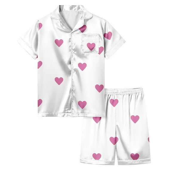 RMGVDSD Cute Girls Pajamas Sleepwear Girls' Heart Printed Pajamas Short Sleeved Button Down Shirt Tops Shorts Sleepwear Set Holiday Loungewear Sets