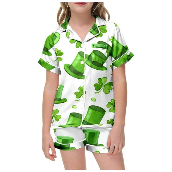 RMGVDSD Cute Girls Pajamas Sleepwear Kids Pajamas St. Patrick's Day Print Short Sleeved Shorts Two Piece Pajama Set For Children Cute Nightwear Outfit