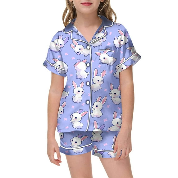 RMGVDSD Cute Print Girls Pajamas Girls' Easter Day Printed Pajamas Short Sleeved Button Down Shirt Tops Shorts Sleepwear Set Cute Nightwear Outfit