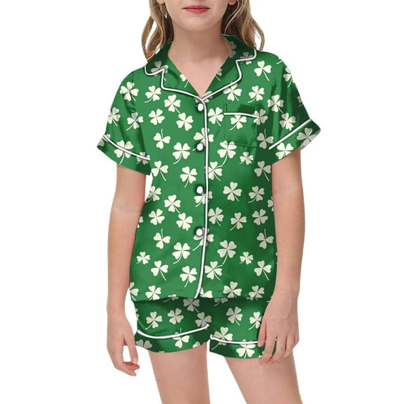 RMGVDSD Cute Print Girls Pajamas Girls' St. Patrick's Day Printed Pajamas Short Sleeved Button Down Shirt Tops Shorts Sleepwear Set Holiday Cozy Nightwear