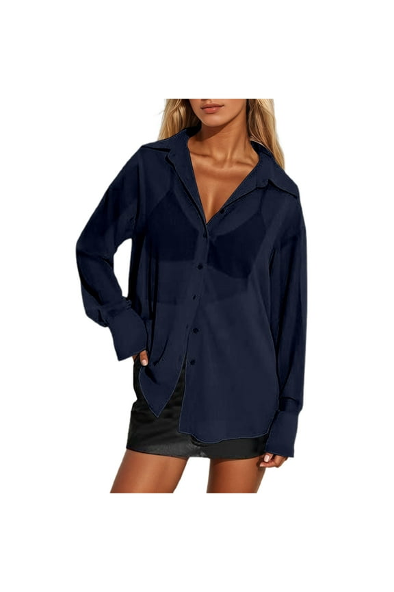Dressy Tops for Women Shirts Fashion Long Sleeve Shirts With Sheer Mesh Top Sun Protection Shirt See Through Button Up Blouses Party Shirt Blouse